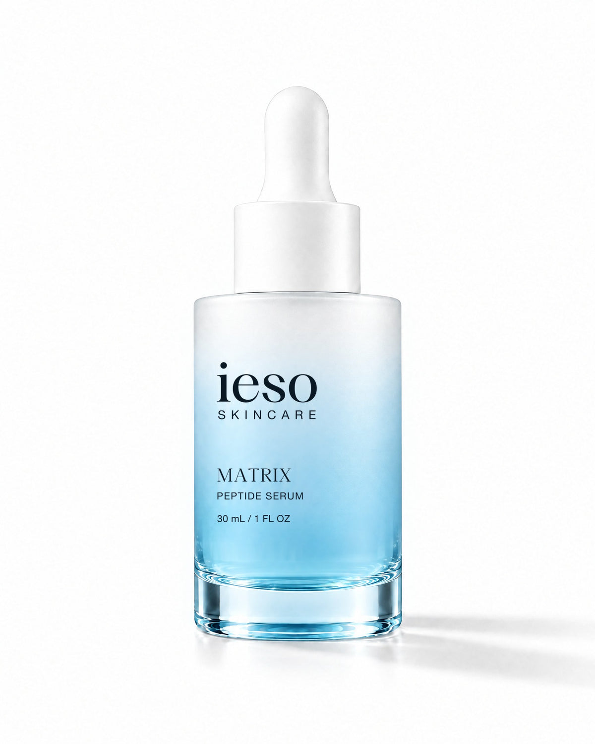 MATRIX Peptide Serum by Ieso Skincare, 30 mL frosted glass dropper bottle with a pearl-to-blue gradient on a white background